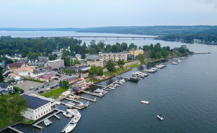 Aerial view of Bemus Point village and Chautauqua Lake shoreline — Tiffany Borst real estate broker